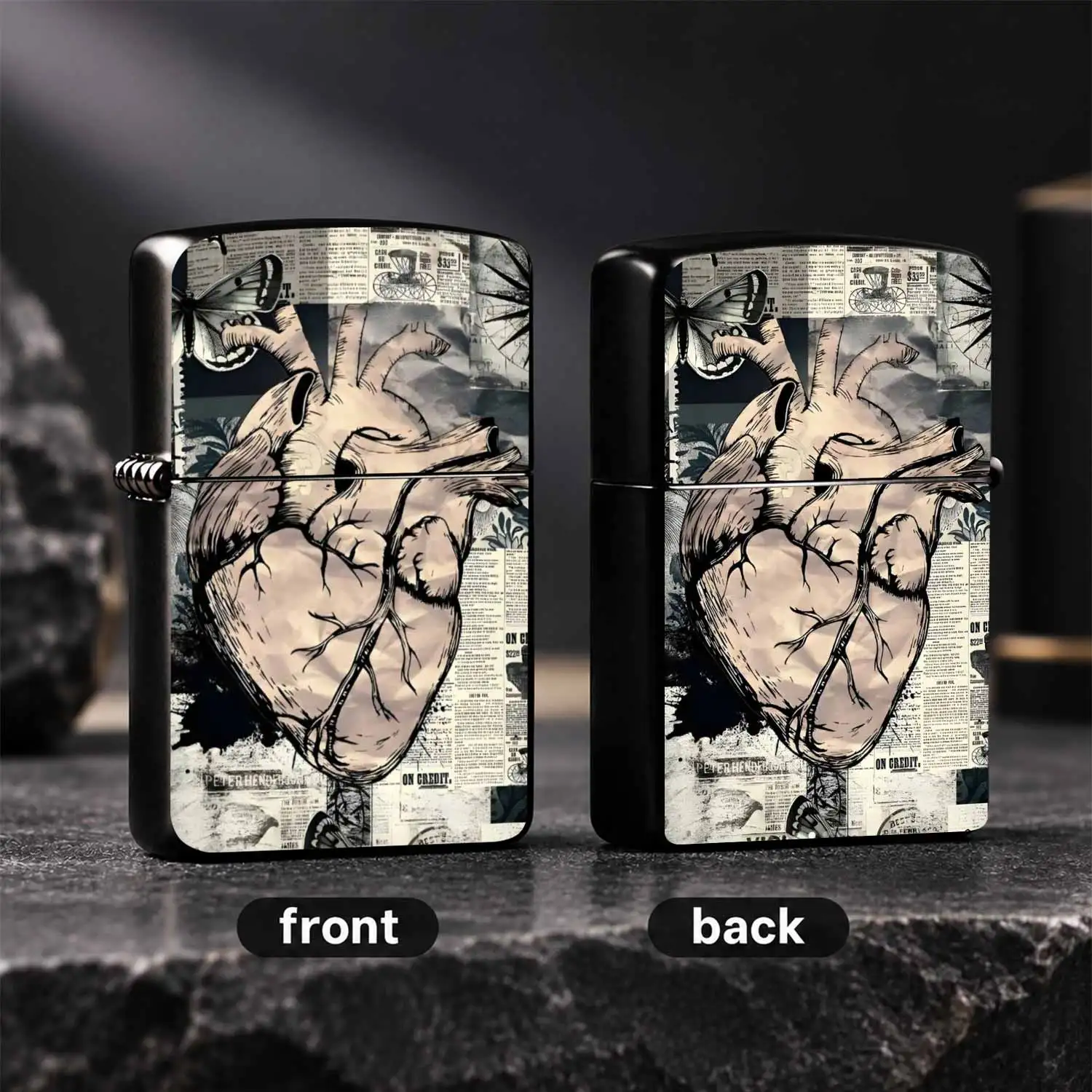 Vintage Collage Anatomical Heart Art Lighter, Retro Newsprint Compass Pattern Trendy Portable Accessory, Atmospheric Unique Collectible Decor, Daily Carry Multi-Scene Practical Tool, Thoughtful Niche Creative Holiday Gift For Friends A Humo