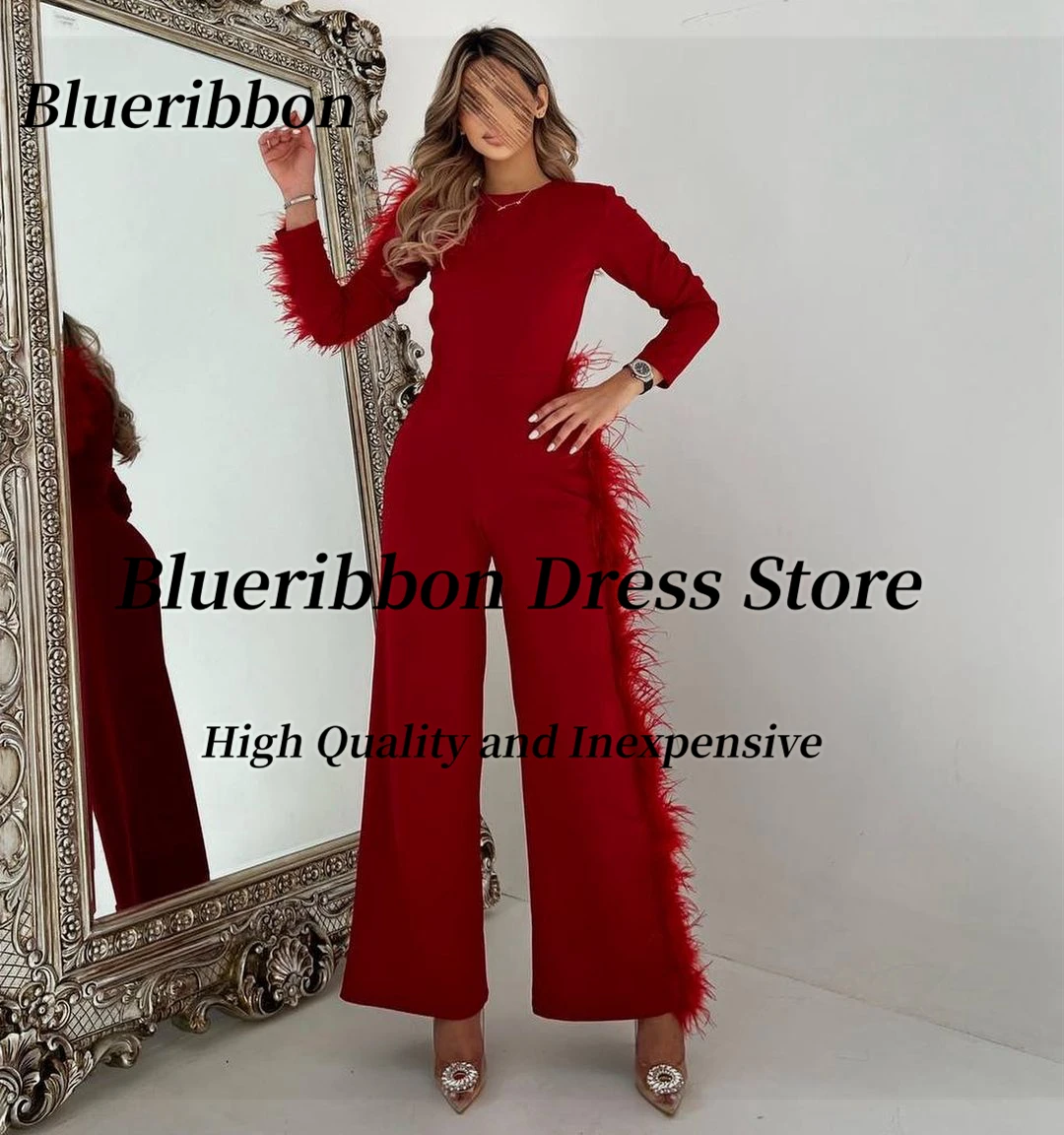 Blueribbon Cool Girls Wear Jumpsuits for Evening Party Long Sleeves Feathers Luxury Prom Dresses Zipper Back Pnt Suits Vestidos