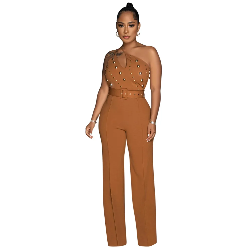 Fashion Beading One Shoulder Jumpsuit Women 2023 Rompers Solid Backless Wide Leg One Piece Jumpsuit Vestidos Bodysuit Overalls