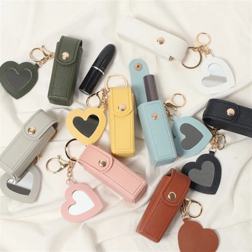 1PC PU Leather Lip Balm Bag Keychain with Mirror Portable Lipstick Pouch Holder Metal Keyring Women Travel Makeup Storage Bag