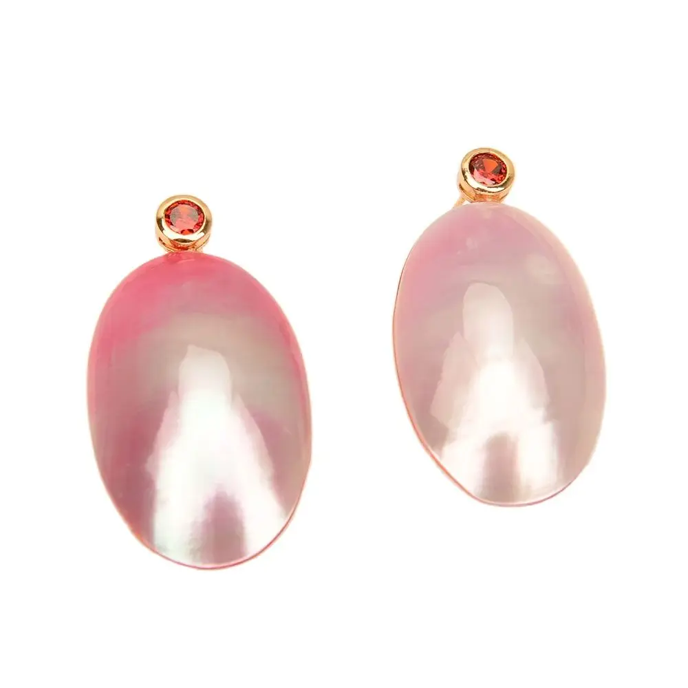 

GG Natural Baby Pink Sea Shell Oval Shape Mabe Mother Of Pearl Red CZ Crystal stud Dangle Earrings Women's daily wear