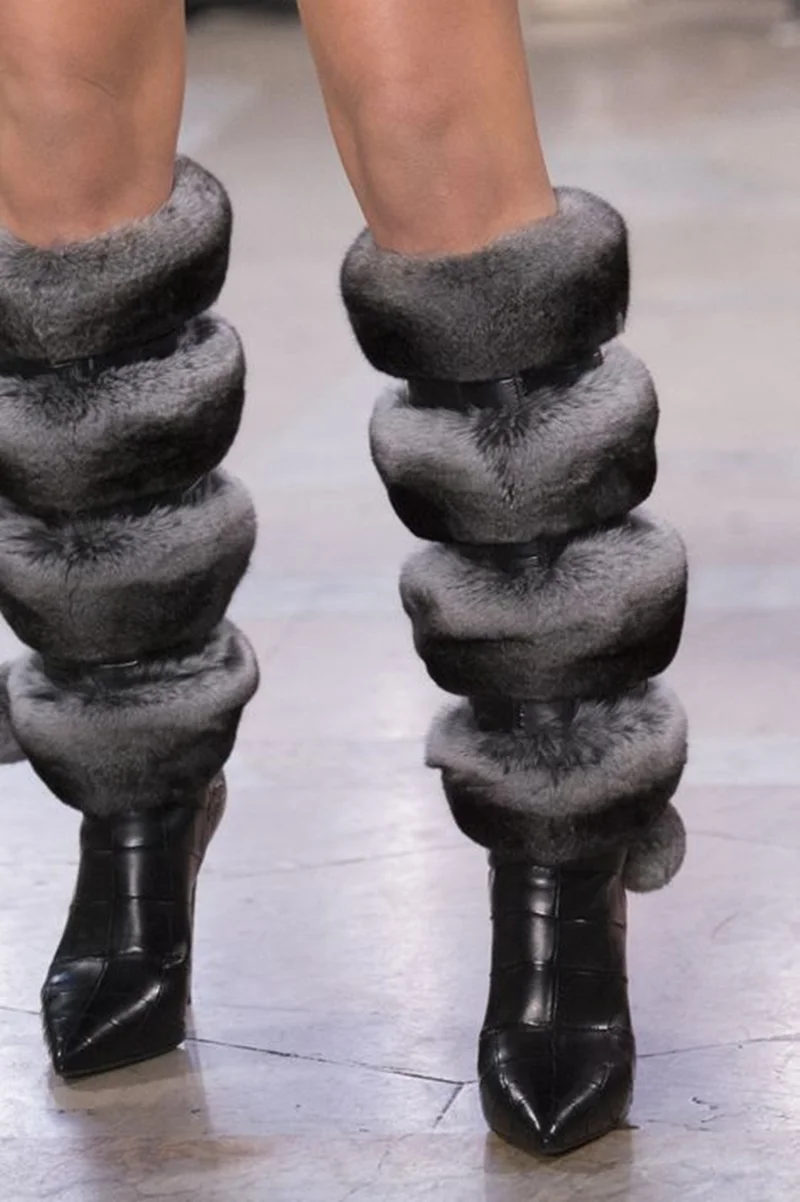 Custom Grey Faux Fur Boot Top Black Leather Knee-High Boots Pointed-Toe Stilettos Boots with Gray Pom-pom Decorations
