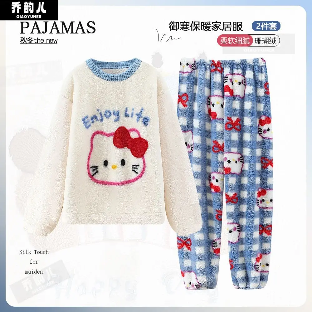 ชุดนอนผ้ากำมะหยี่คอรัลสำหรับผู้หญิง ลายการ์ตูนซานริโอ้ ฤดูใบไม้ร่วง ฤดูหนาว ลายคาวาอี้ เฮลโล คิตตี้ ชุดนอนหนานุ่ม สวมใส่สบายๆ แบบลำลอง