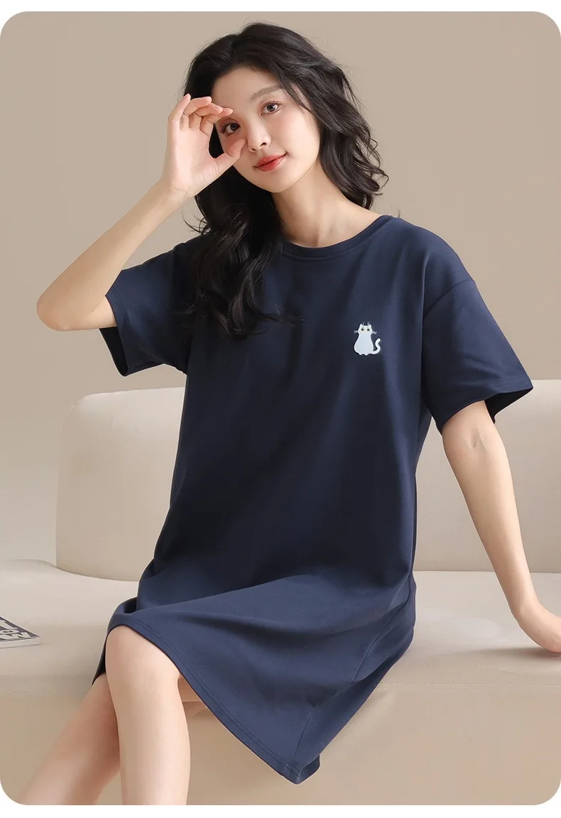 Dawnloom Navy Cotton Nightgown with Built-in Bra (Short Sleeve) for Women Minimalist Cute Comfortable Home Pajamas