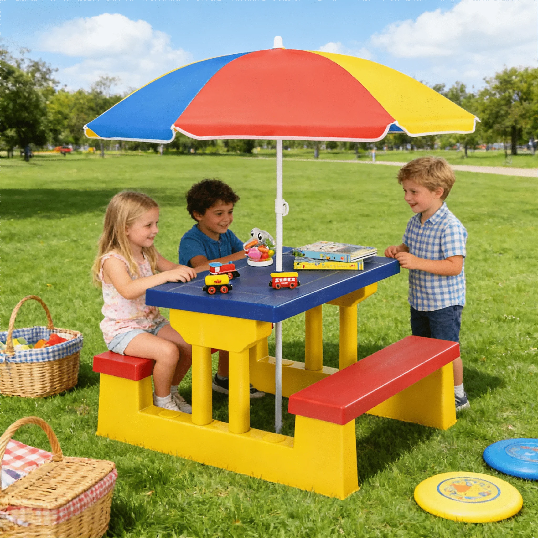 

Kids Picnic Table, Safe PP Table & Bench Set with Removable & Foldable Umbrella, Kids Activity Table Set Seat up to 4 Children