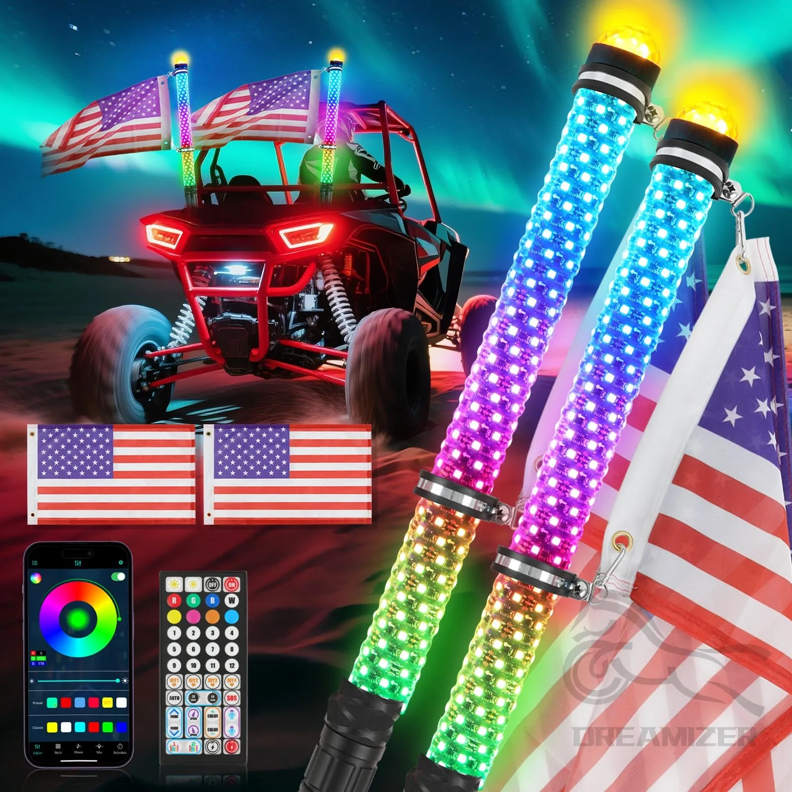 2PCS 2FT Fat Whip With Warning Lights APP Control Flagpole Antenna Whips RGB Waterproof Bendable With Remote For SUV RZR ATV