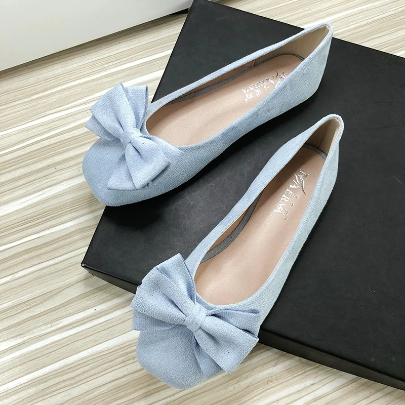 Women Flats Boat Shoes Sky Blue Round Head Bowknot Size 33-43 Flat Shoes for Female Velvet Leather High Quality Summer Shoes