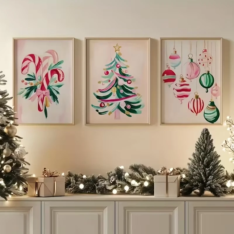 

3pcs Modern Art Christmas Tree Candy Stick Prints, Festive Wall Canvas Poster Art, Christmas and New Year Home Decoration Gifts