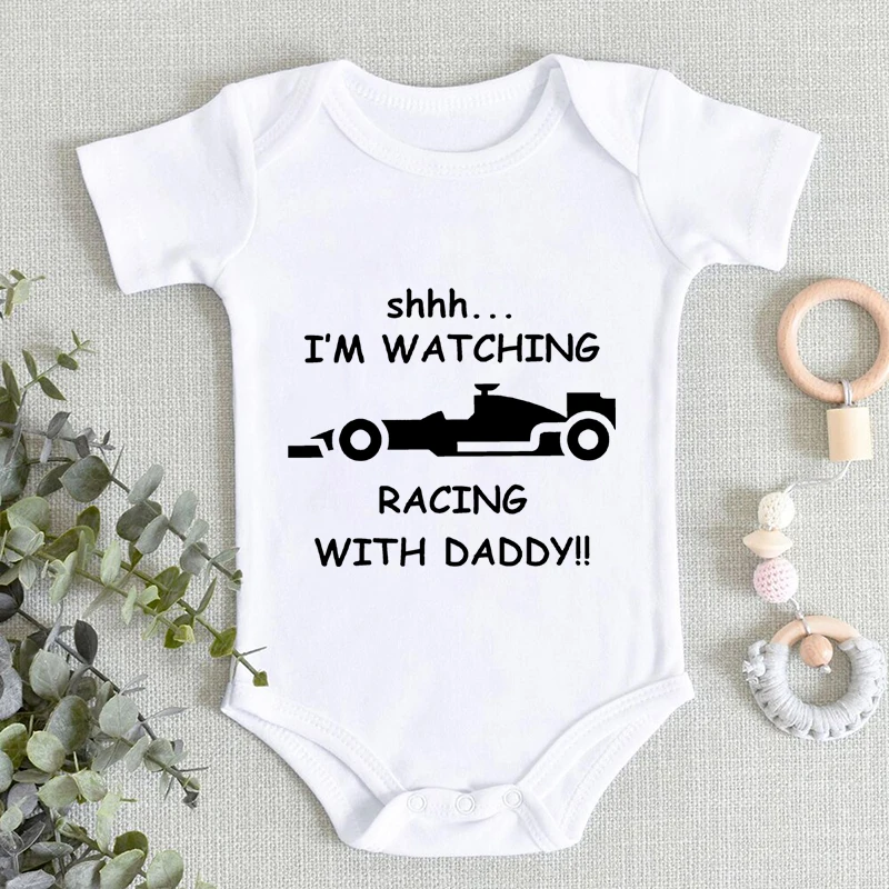 Baby Boy Bodysuits I\'m Watching Racing with Daddy Print Romper Short Sleeve 100% Cotton Funny Racing Pattern Newborn Jumpsuits