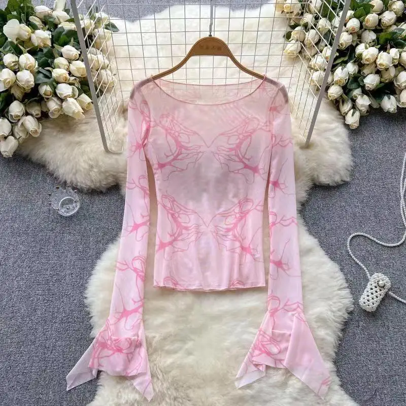 

Spring Summer Shirt Y2k Clothes Flared Sleeve Short T-shirt Sexy See-through Mesh Streetwear Tees Pink Design Tops Tshirt Chic