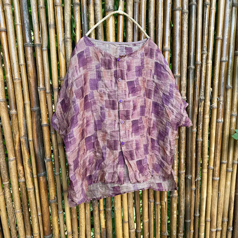 Floral impresso manga curta único botão ramie blusa feminina literária casual camisas de peso fino casual verão topos robe