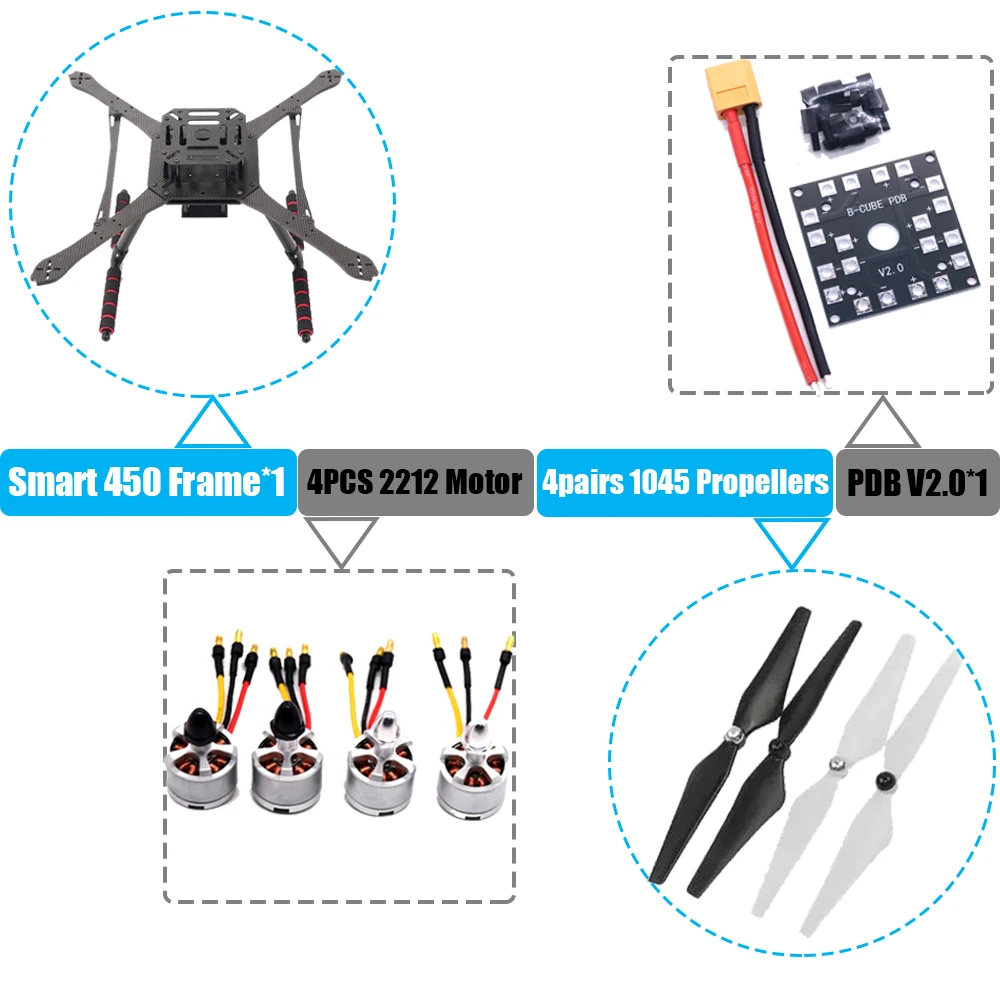 PIXHAWK2.4.8 contrôle de vol en Fiber de carbone Smart450 Kit de cadre Ardupilot 100MW radio télémétrie quadrirotor BLHELI 30A ESC 2212 moteur