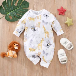 Spring And Autumn Boys And Girls Cute Cartoon Animal All Over Print Long Sleeve Baby Bodysuit