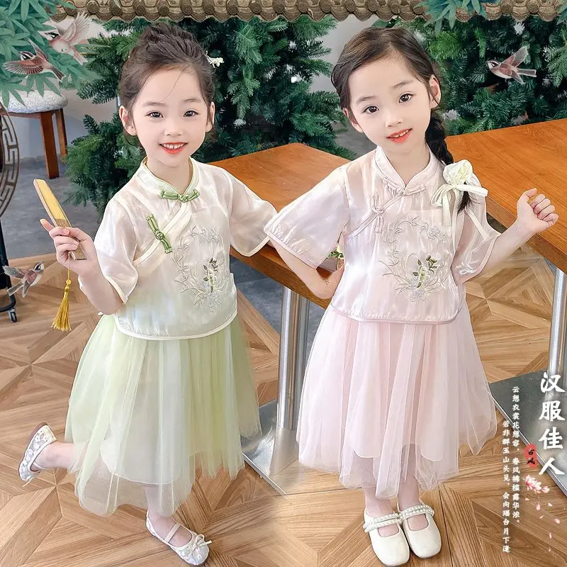 New Chinese Girl's Dress Summer Children's Princess Dress Chinese Style Embroidery Gauze Skirt Western Style