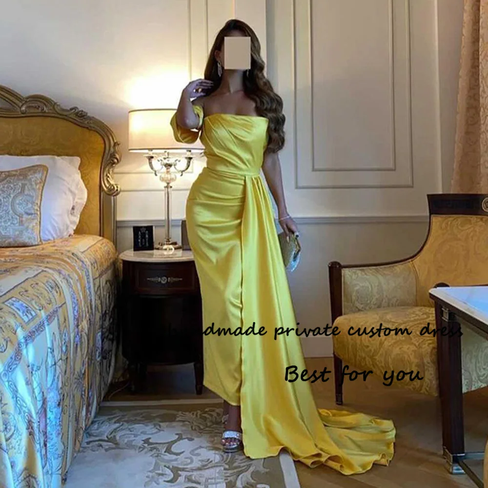 

Gold Satin One Shoulder Evening Party Dresses Pleats Strapless Long Formal Prom Dress with Skirt Celebrate Prom Gowns