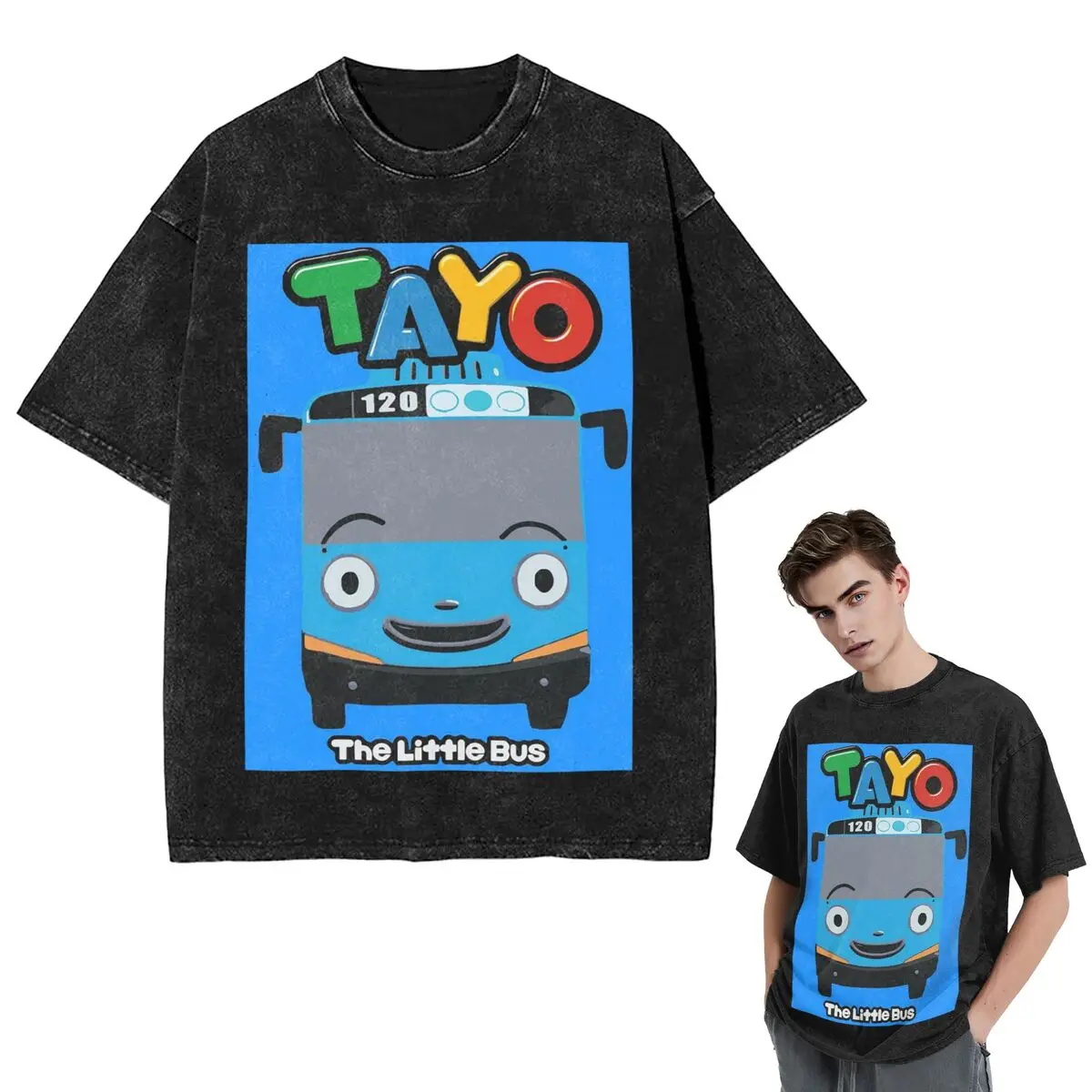 Streetwear T-Shirts Tayo The Little Bus  Washed T Shirt Short Sleeve Hip Hop T-Shirt Tops Tees for Men Women
