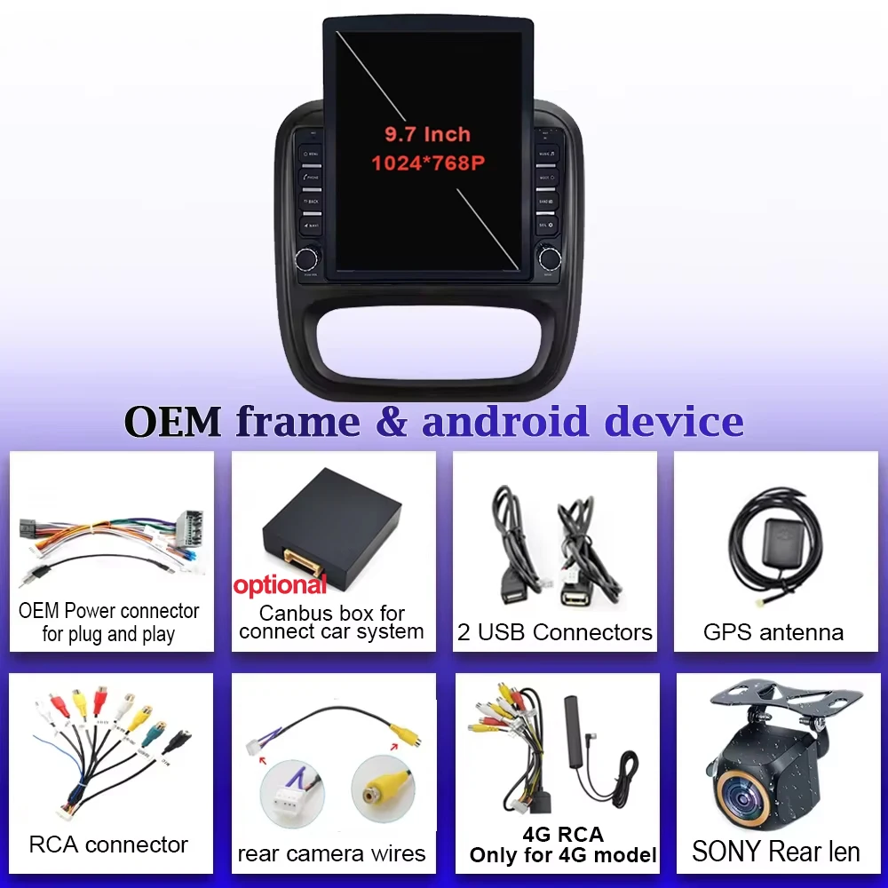 

9,7-дюймовый экран для Renault Trafic 3 2014-2021, Opel Vivaro B 2014-2018, с CarPlay, GPS-навигацией, Android Auto, Wi-Fi и мультимедиа
