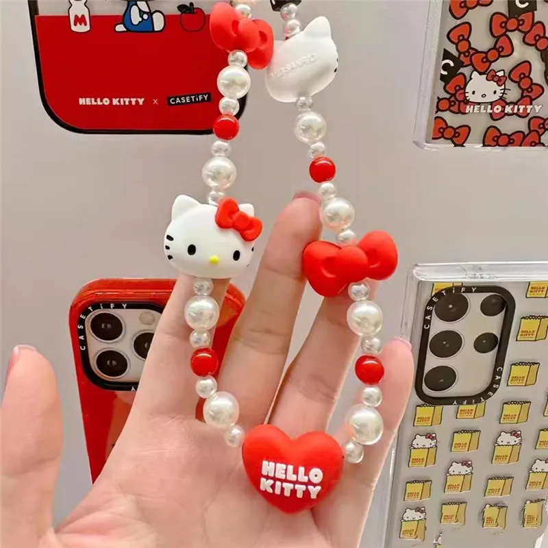 Sanrio Hello Kitty Bracelet Lanyard for iPhone Samsung Huawei Xiaomi Mobile Phone Case Bead Anti-Lost Wrist Strap Car Keychain