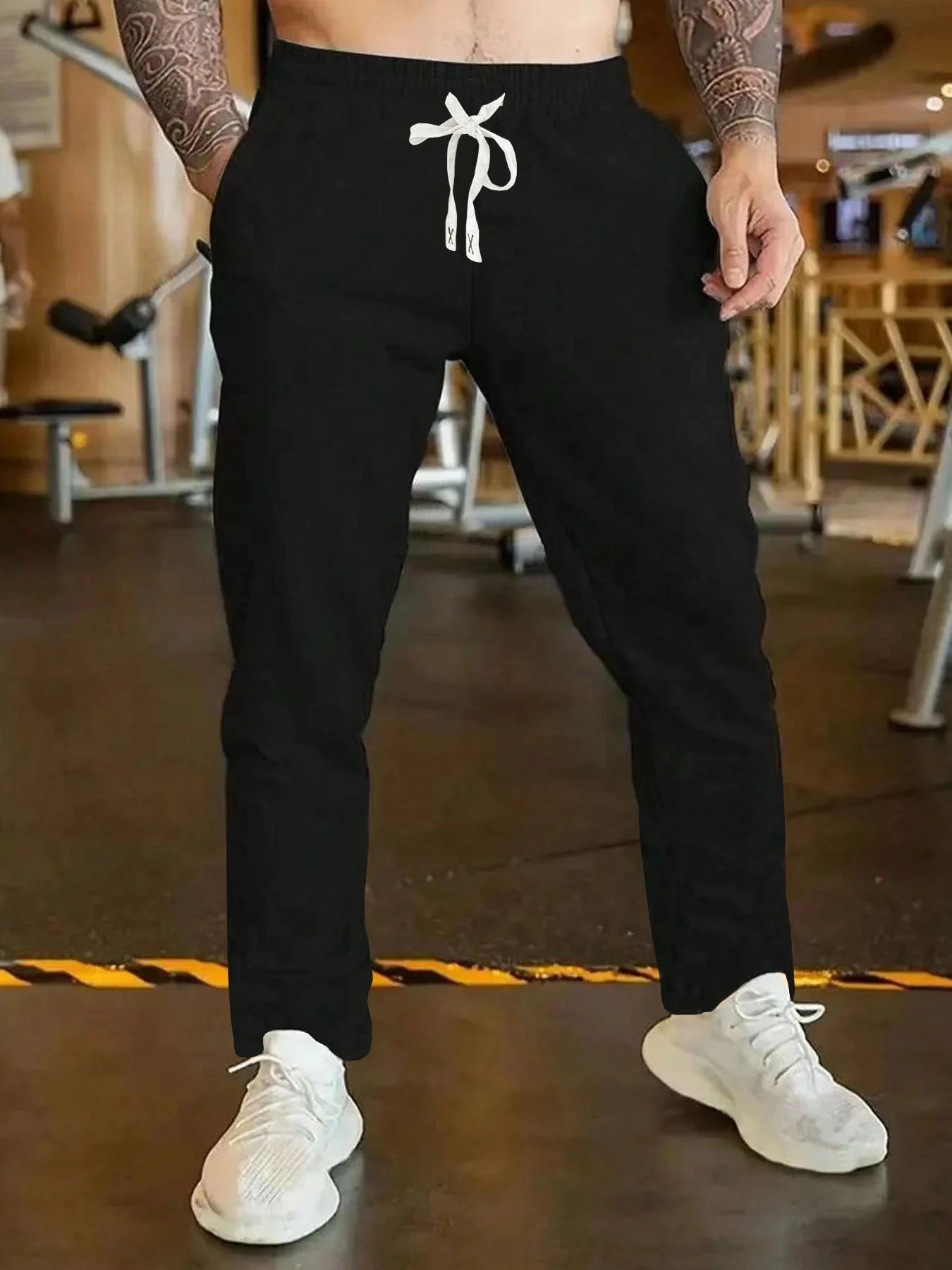 

Men's casual sports pants, solid color loose drawstring waist elastic straight leg pants, suitable for jogging, hiking, outdoor hiking and other sports