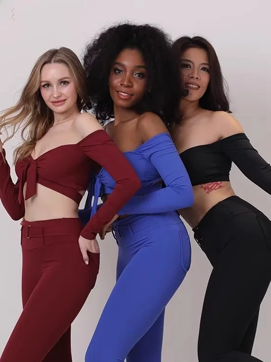 

Litwear Ladies Long Sve One oulder Dance Practice Suit with Chest Pad Latin Dance Fitn Clothing Breathable Qui Dry