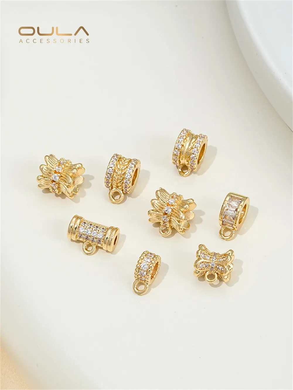 14K Gold-plated, Zircon Bead, Wheel Barrel Bead with Lifting Ring, Double-sided Flower Stand, Diy Hand-strung Pearl Accessory