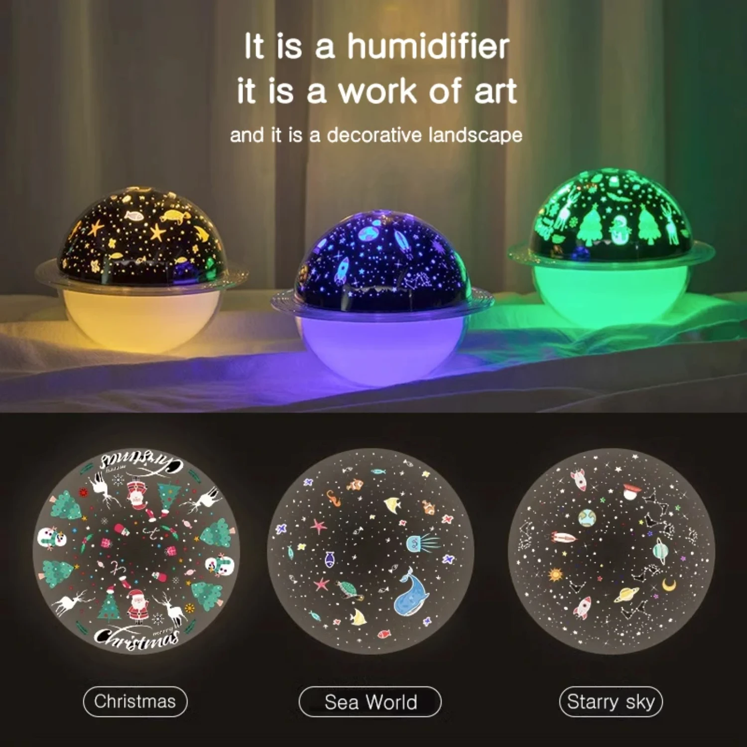 Humidificador de planeta USB con luz de proyección LED creativa, humidificador de luz ambiental con estrella de Navidad, humidificador de hidratación para dormitorio