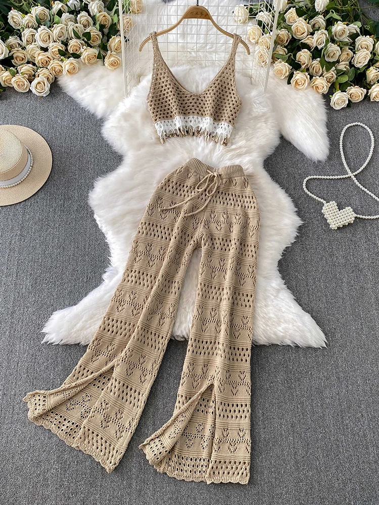 

Bohemian Vacation Women's Set Fashion Tassel Hollow Knitted Tank Tops High Waist Split Straight Leg Pants Casual 2Pcs Suit
