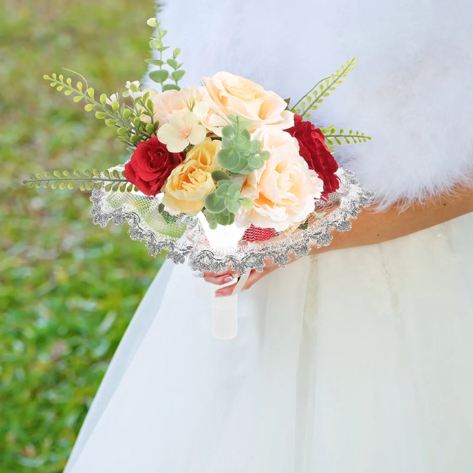 1Set Bridal Bouquet Holder Floral Foam Handle Semi-Sphere Base Wedding DIY Flower Arrangement Support Lace Collar Decor