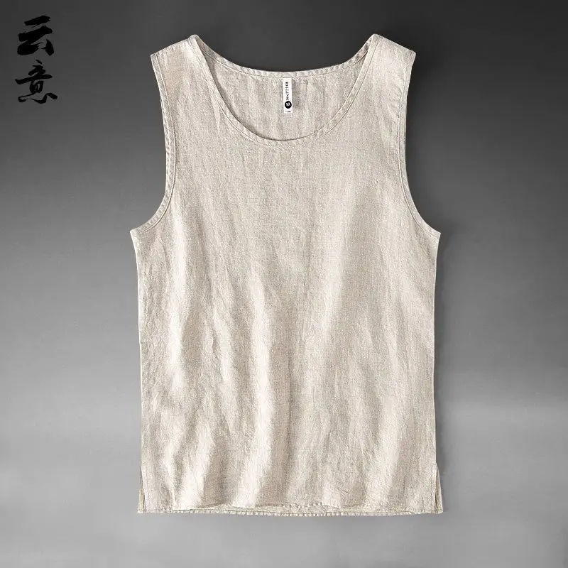 100% Pure Linen Men's Summer Sleeveless Vest Loose Fit Beachwear Big Size Armhole Cutout Color Block Tank Top round Neck