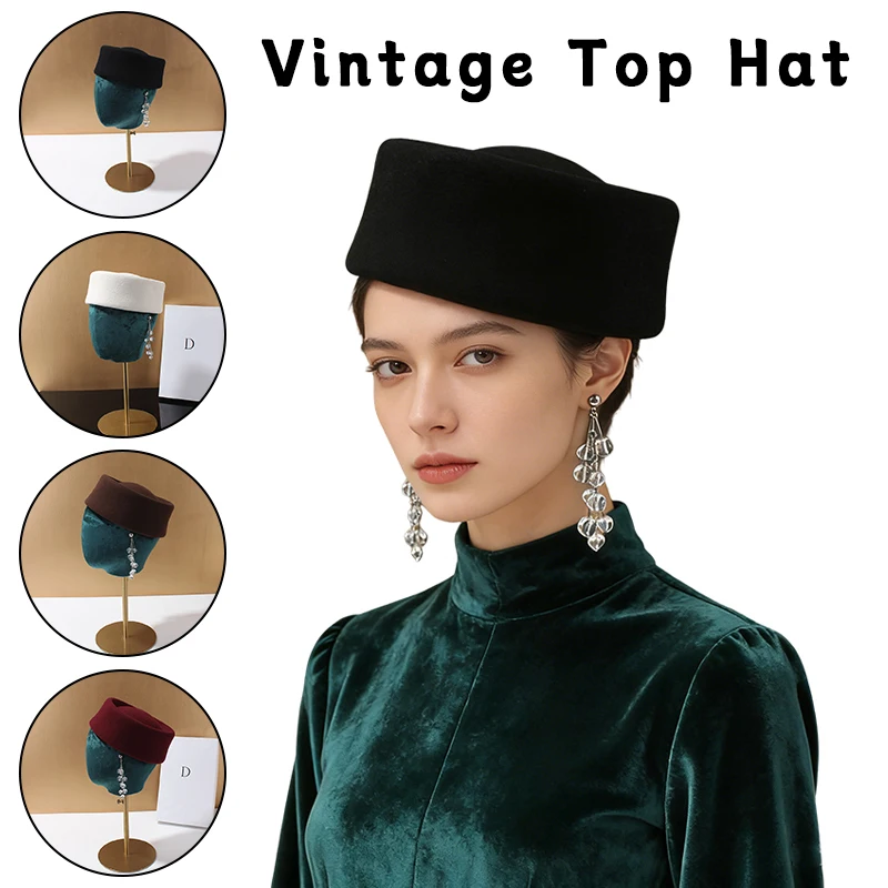 Women Wool Fedoras Hats Hard Top Flat Fedoras Hat Wedding Party Berets British Retro Pillbox Hat Women French Elegant Fedoras