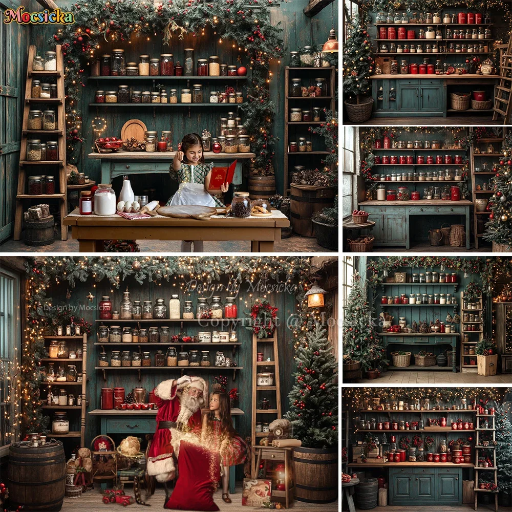 

Christmas Kitchen Photography Background Dark Green Wooden Cabinet Xmas Wreath Backdrop Decor Winter Kids Family Photo Studio