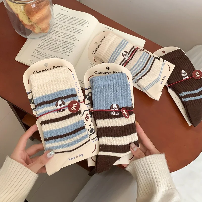4 Pairs Fall Winter Unisex Cartoon Japanese-Style Embroidered Dog Striped Mid-Calf Socks Fashion Cotton Ankle Socks High Quality