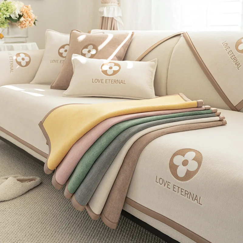 Four Seasons Universal Chenille Sofa Cover Sofa Pad Solid Color Luxury Sofa Mat for Living Room Non-Slip L Shaped Couch Cushion