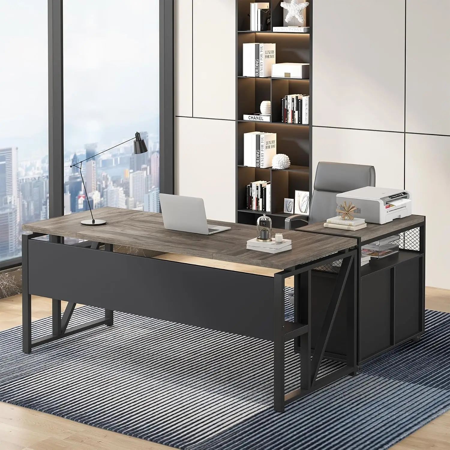 L-Shaped Executive Desk with Reversible File Cabinet & Drawers, Large Office Workstation for Home Business, 63