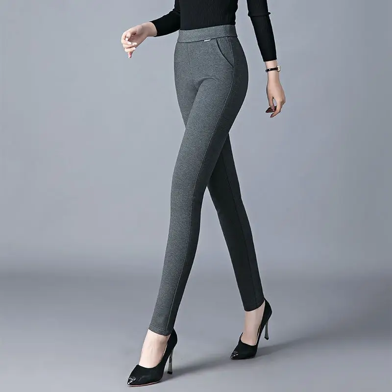 กางเกงขายาวทรงตรงเอวสูงผ้ายืดสำหรับผู้หญิง สไตล์ลำลอง เหมาะกับฤดูใบไม้ผลิและฤดูใบไม้ร่วง ช่วยให้ดูขาเรียวสวย