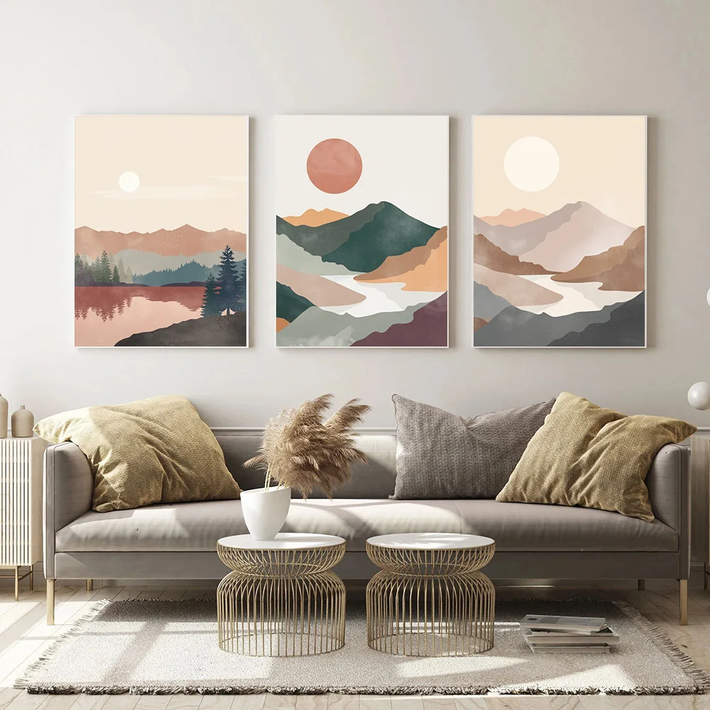 Mid Century Abstract Boho Mountain Lake Scene Poster Canvas Painting Wall Art Print Picture Living Room Home Interior Decoration