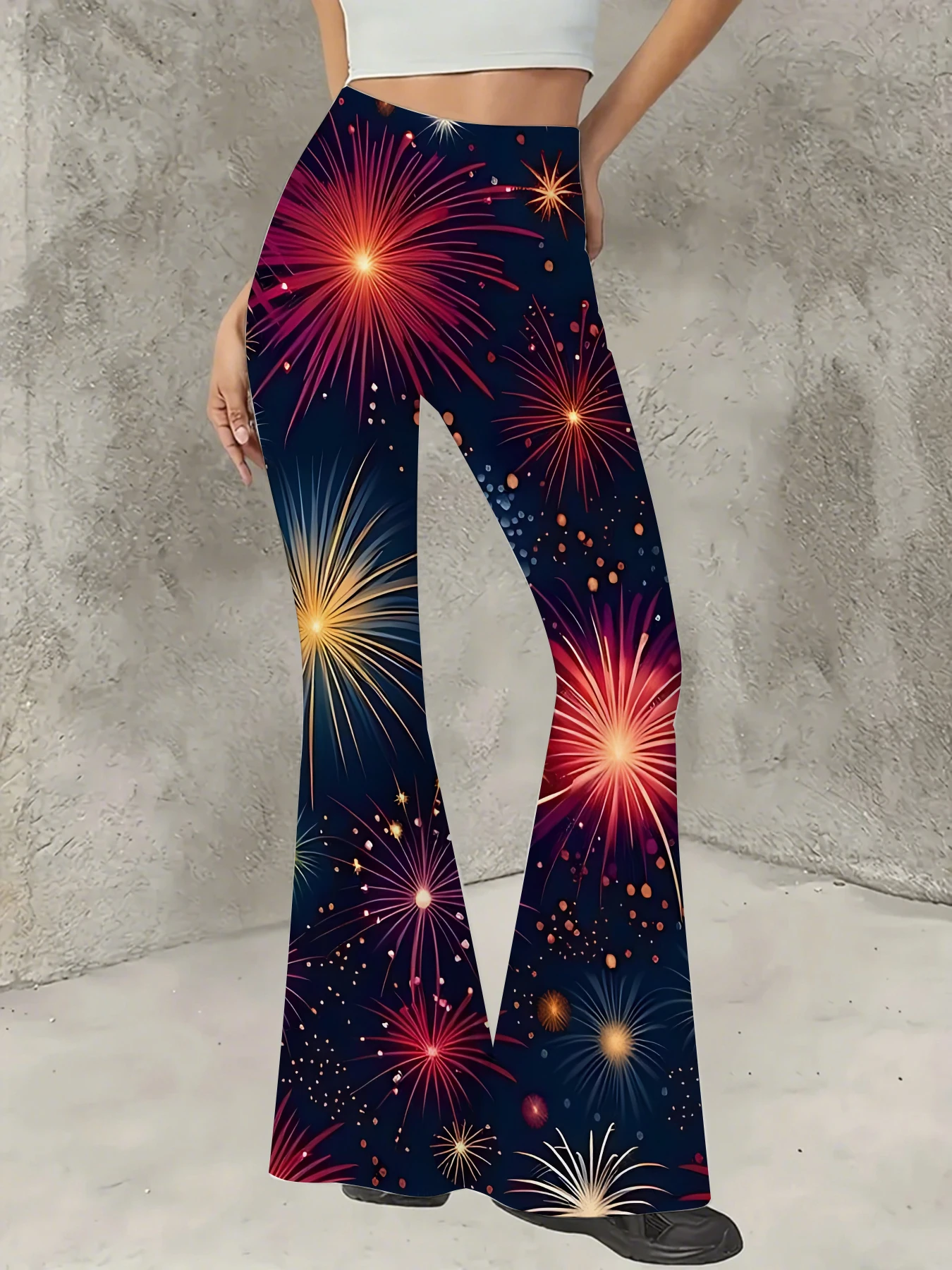 

Retro Printed Flare Pants Women High Waist Polyester Knit Bell Bottom Trousers