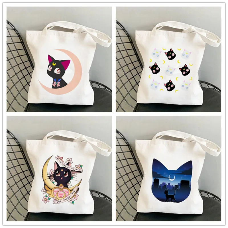 Sailor Meow On the Moon Women Shoulder Bag Large Capacity Shopping Bags Harajuku Female Tote Handbag Eco Canvas Girls Handbags