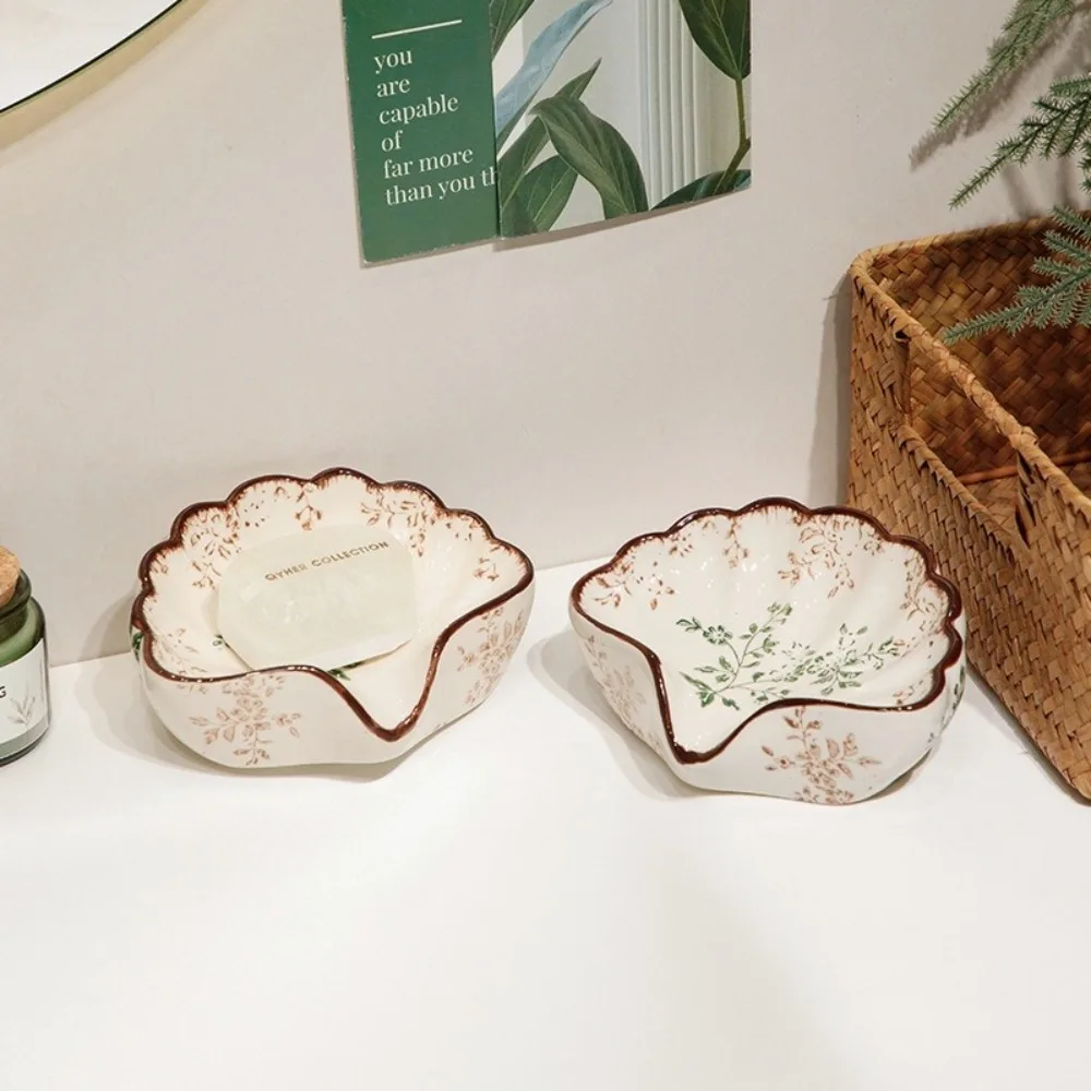Retro Floral Shell Ceramic Soap Dish Drainer Bathroom Countertop Decorative Soap Holder