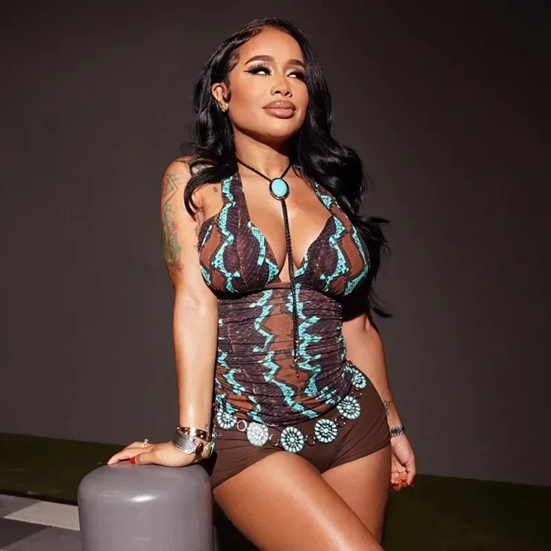 Estética impressão plissado halter rendas y2k coletes feminino sexy com decote em v sem costas colheita regatas festa clube férias camisetas