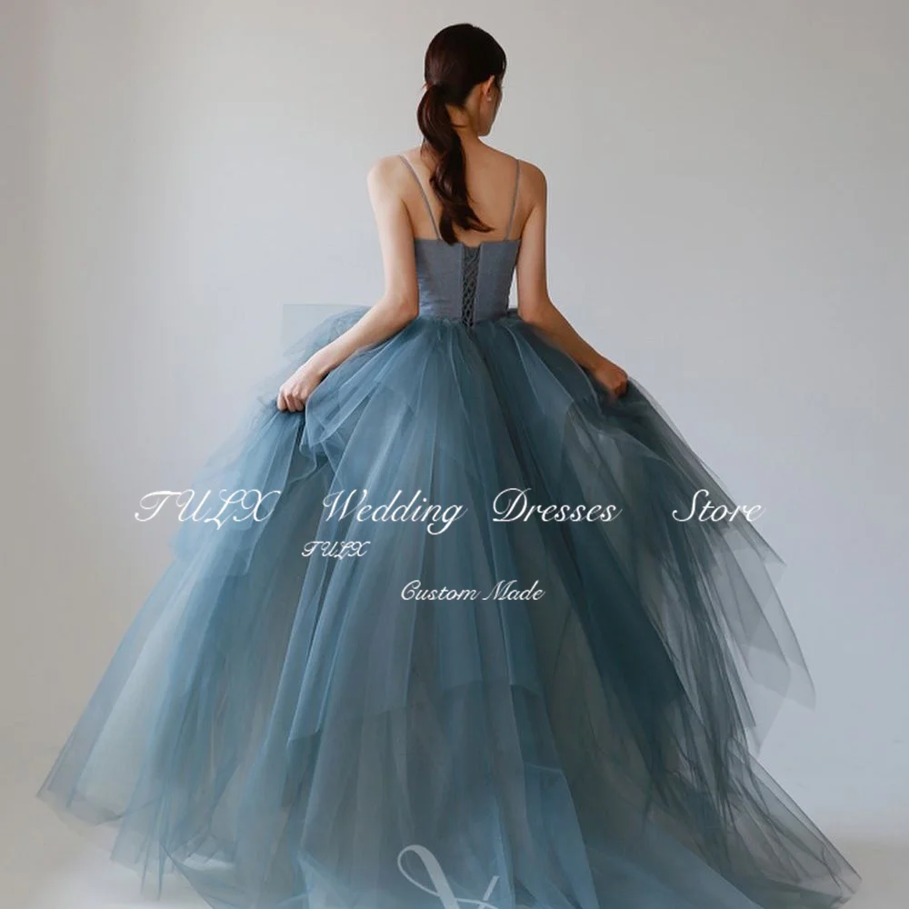 TULX Fairy Blue Tulle Evening Dress Korea Wedding Photo Shoot Dresses Straps Bridal Gowns Evening Party Dress Corset Back Custom