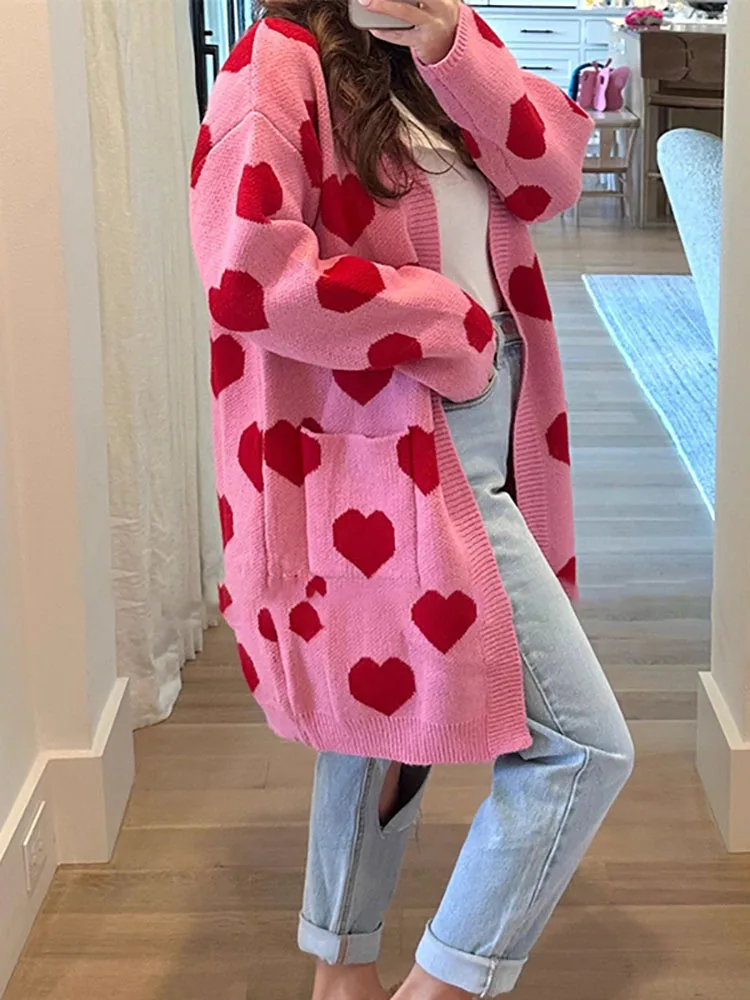 Autumn Winter Printed Long Sleeved Cardigan Fashion V Neck Pocket Warm Knitted Coat 2026 Office Lady Casual Loose Fit Sweater
