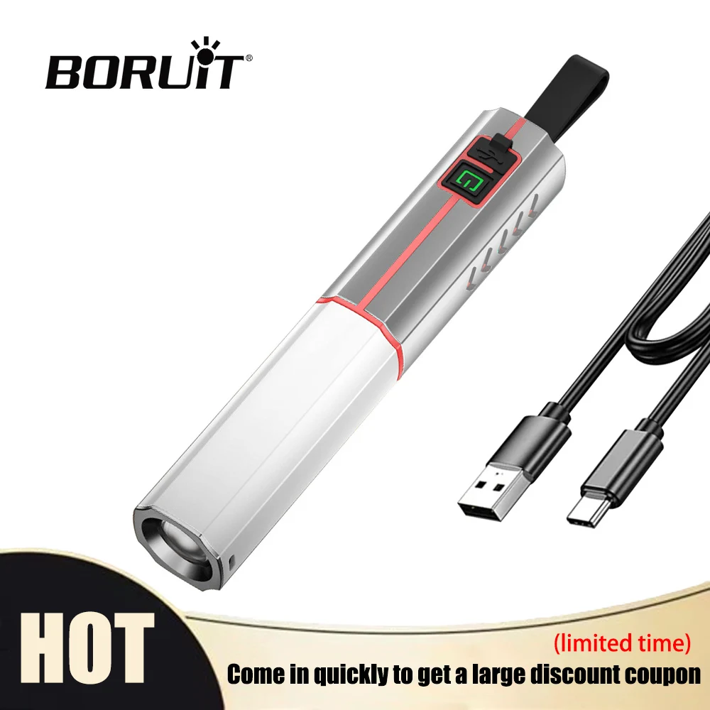 BORUiT Lanterna LED com zoom tipo C recarregável portátil tocha de longo alcance à prova d'água para acampamento ao ar livre caminhadas uso