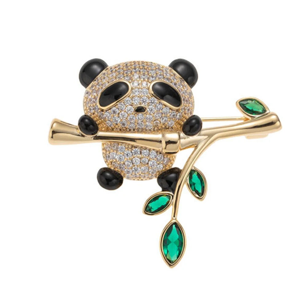 Elegant Cute Animal Panda Brooch Pins for Women Crystal Bamboo Enamel Fashion Jewelry Badge Clothing Accessories Christmas Gifts