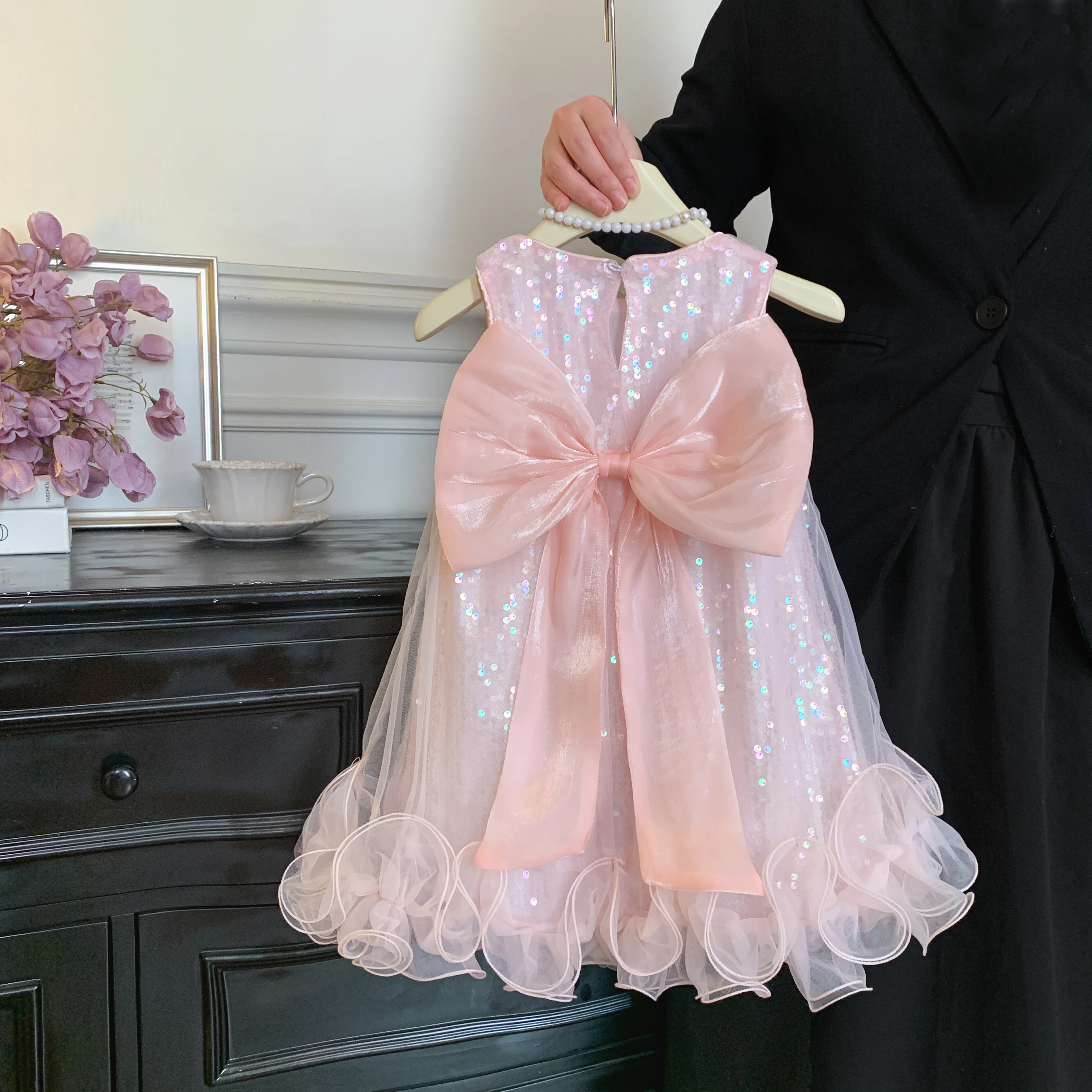 Mädchen Glitzer-Pailletten-Tutu-Kleid Ärmellos A-Linie Große Satin-Rückenschleife Rüschen-Tüllsaum Hochzeit Geburtstag Blumenmädchen-Kostüm
