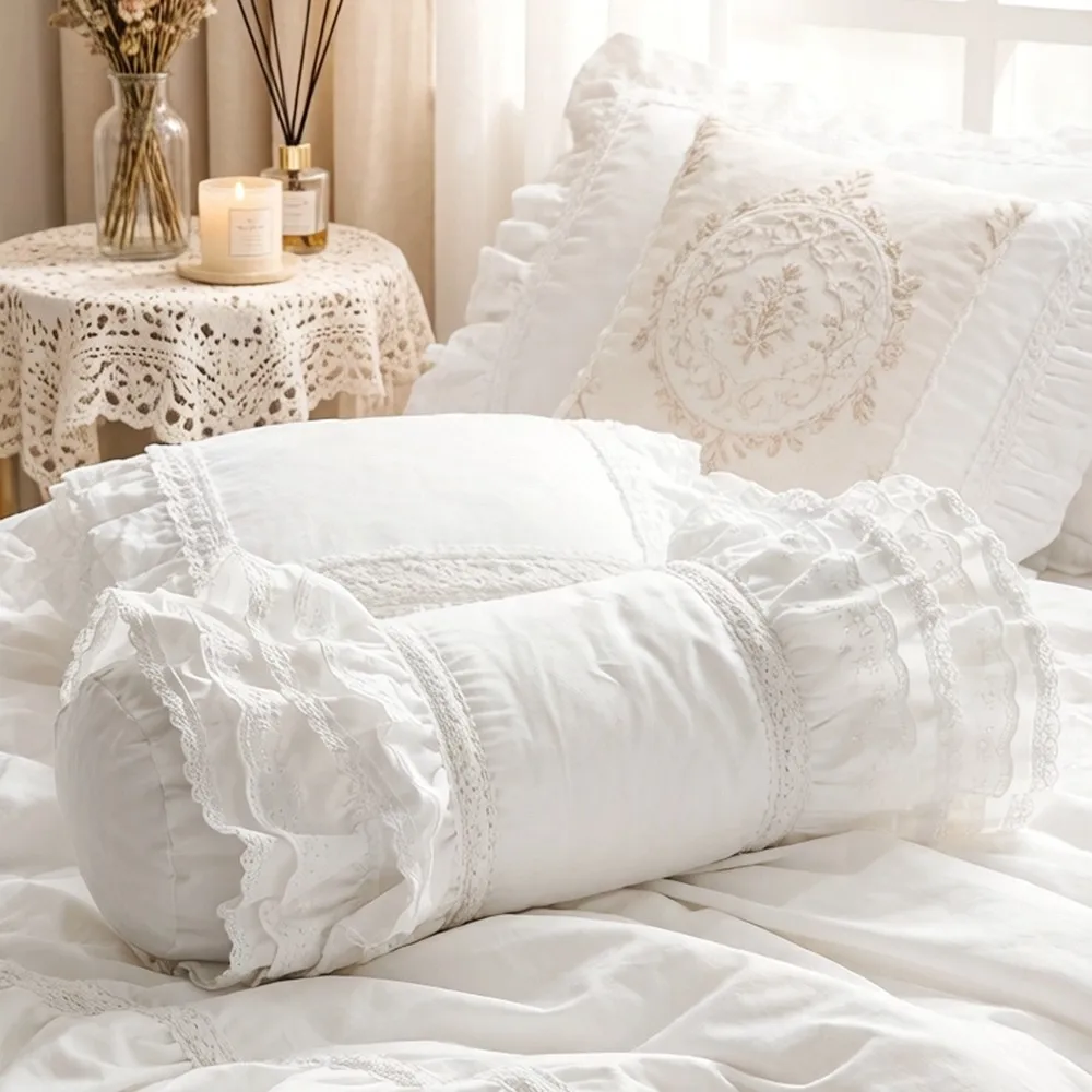 Korean Nordic Style Solid Color Versatile Lotus Leaf Edge Lace Pure Cotton Candy Pillow Cylindrical Core Multi-color 100% Cotton