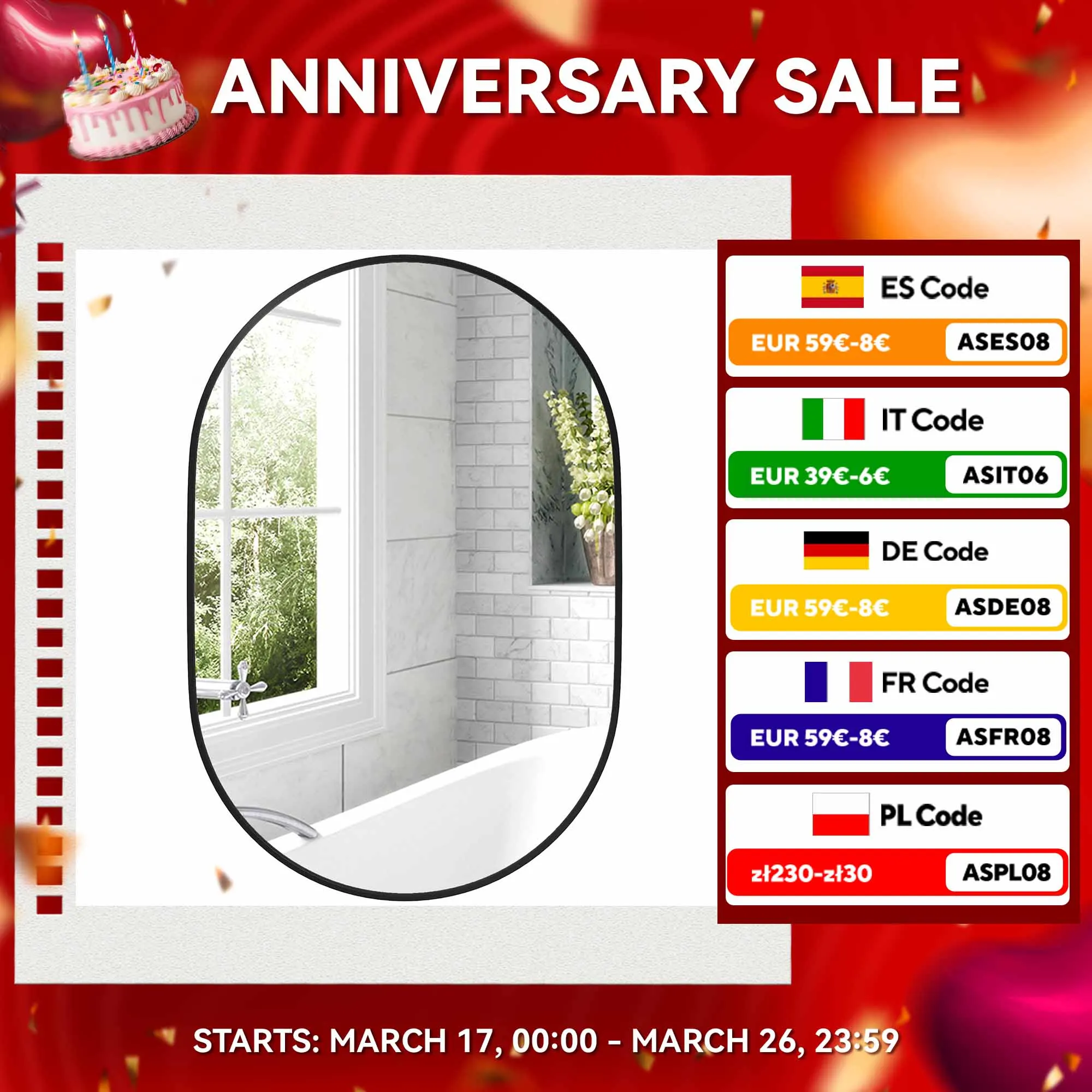 Specchio da bagno ovale HOMCOM 60x90 cm con struttura in alluminio per soggiorno nero