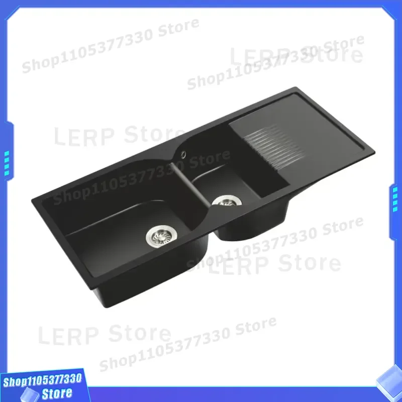 Black Double Bowl Quartz Stone Kitchen Basin Kitchen Sink With Drainboard