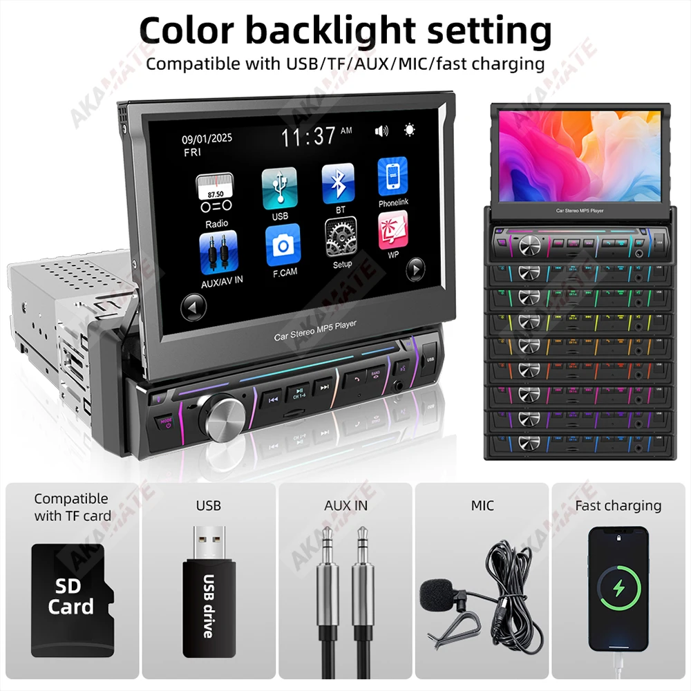 7インチカーラジオ格納式スクリーン容量性ミラーリンクBluetooth音声アシスタントFM 1Dinユニバーサルオートラジオマルチメディアプレーヤー