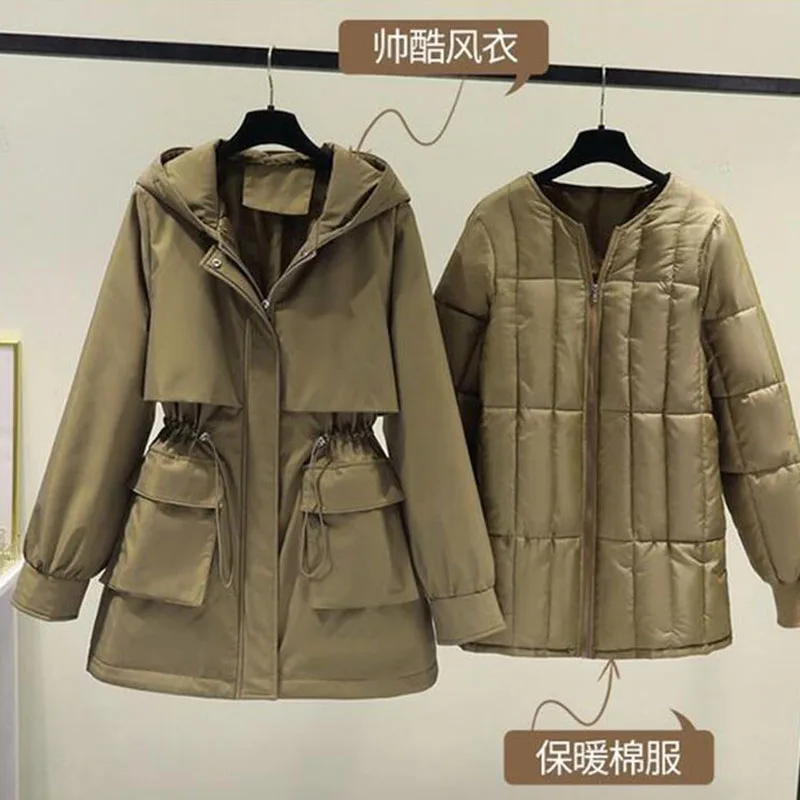 

Winter Detachable Inner Cotton Windbreaker Hooded Women's Mid Long Down Cotton Jacket Trench Coat Jacket Large Fur Collar Thick